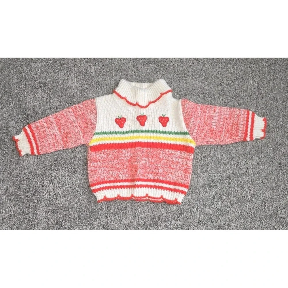 Vintage Baby Sweater 18M Strawberry Knit Red White Toddler Retro Cottagecore - Picture 1 of 7